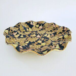 Vintage Chinese Cloisonne Ruffle Edge Plate, Embossed Gold Leave & Pear Fruit
